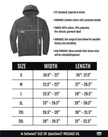 a size guide for a hoodie sweatshirt