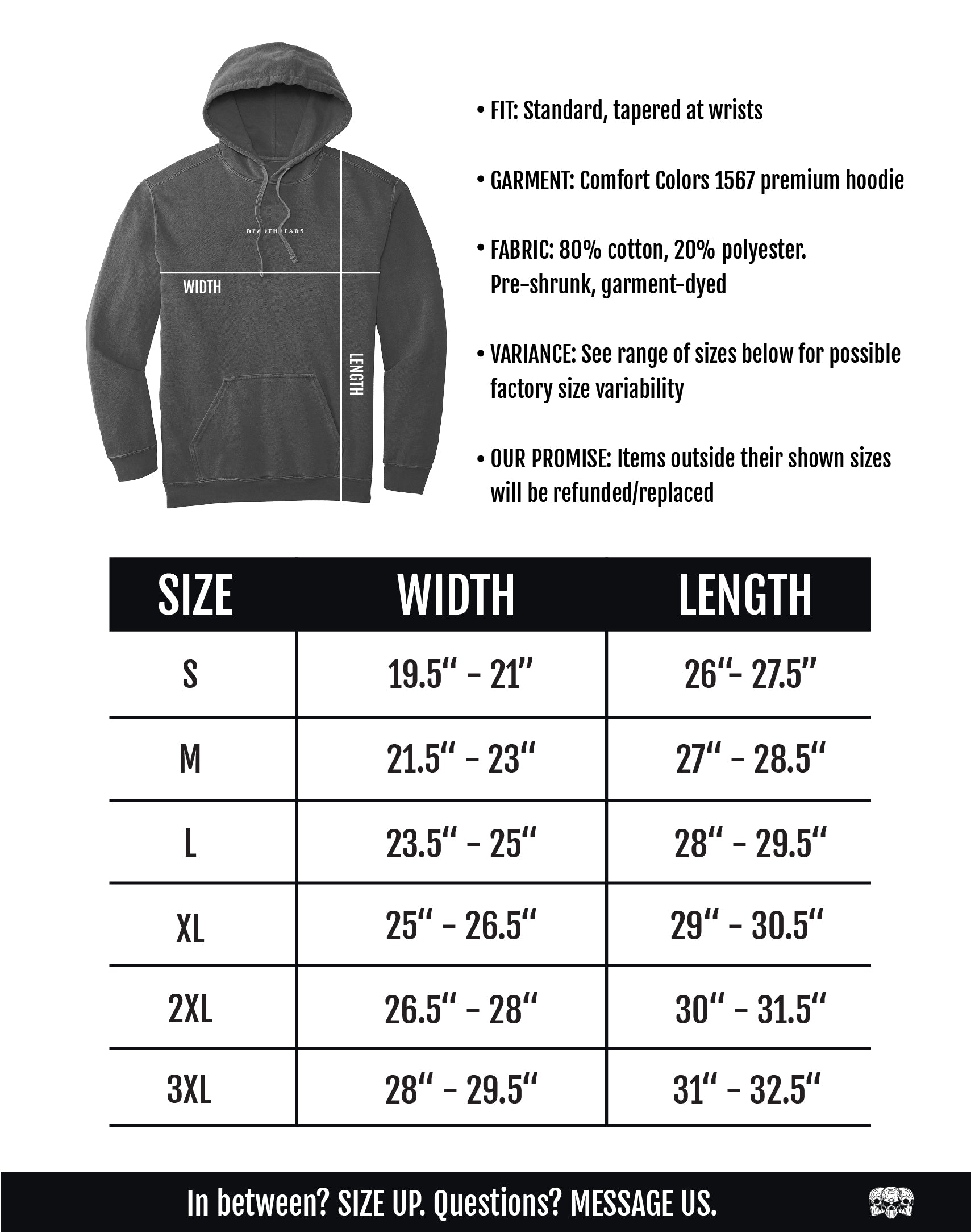 a size guide for a hoodie sweatshirt