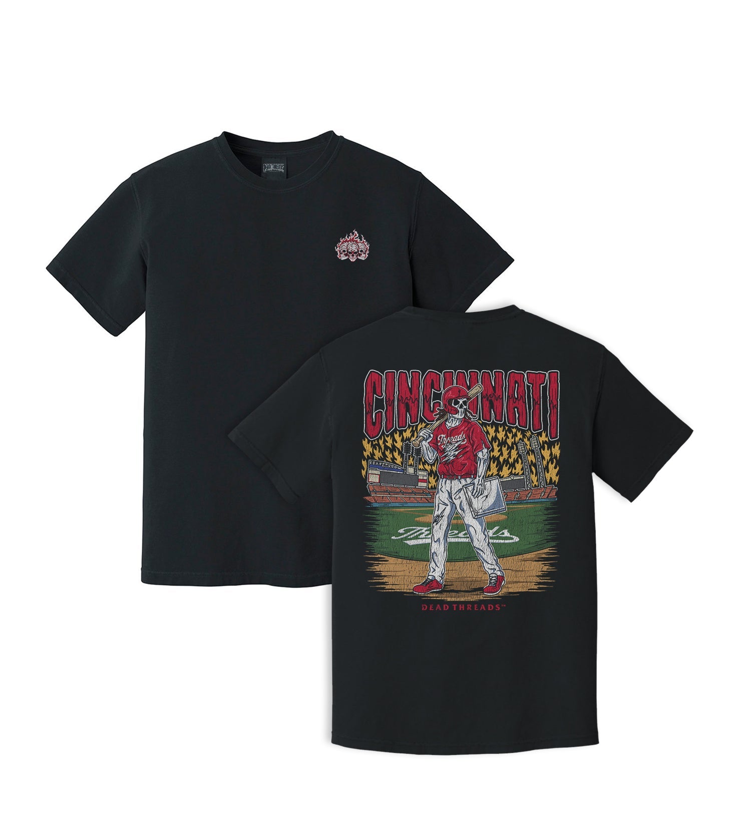 CINCINNATI BASEBALL - “3 SKULL” PREMIUM T - SHIRT – T-Shirt – Dead Threads Apparel