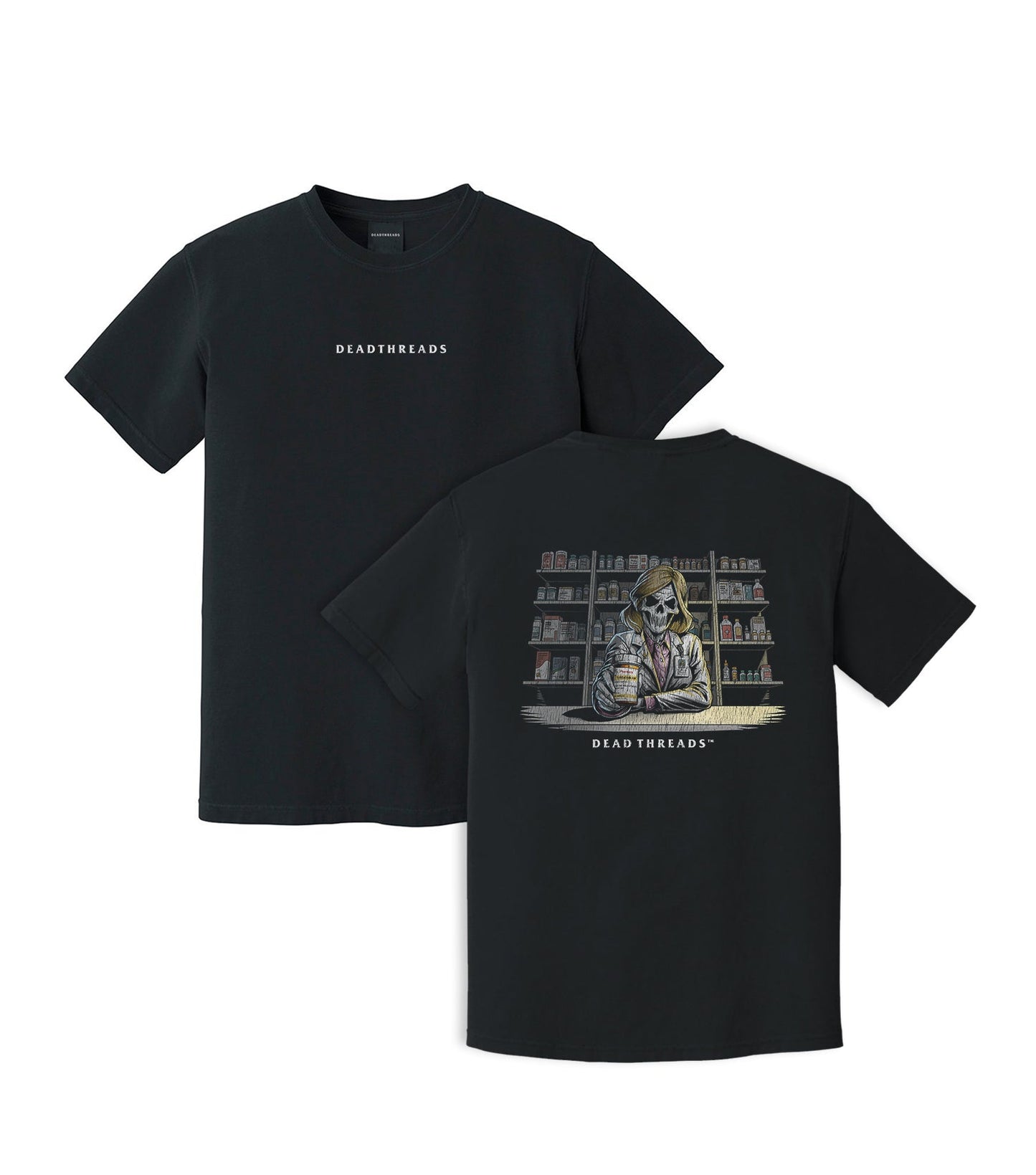 CRYPTS & SCRIPTS (PHARMACIST, FEMALE) - “DT ESSENTIAL" PREMIUM T-SHIRT – T-Shirt – Dead Threads Apparel