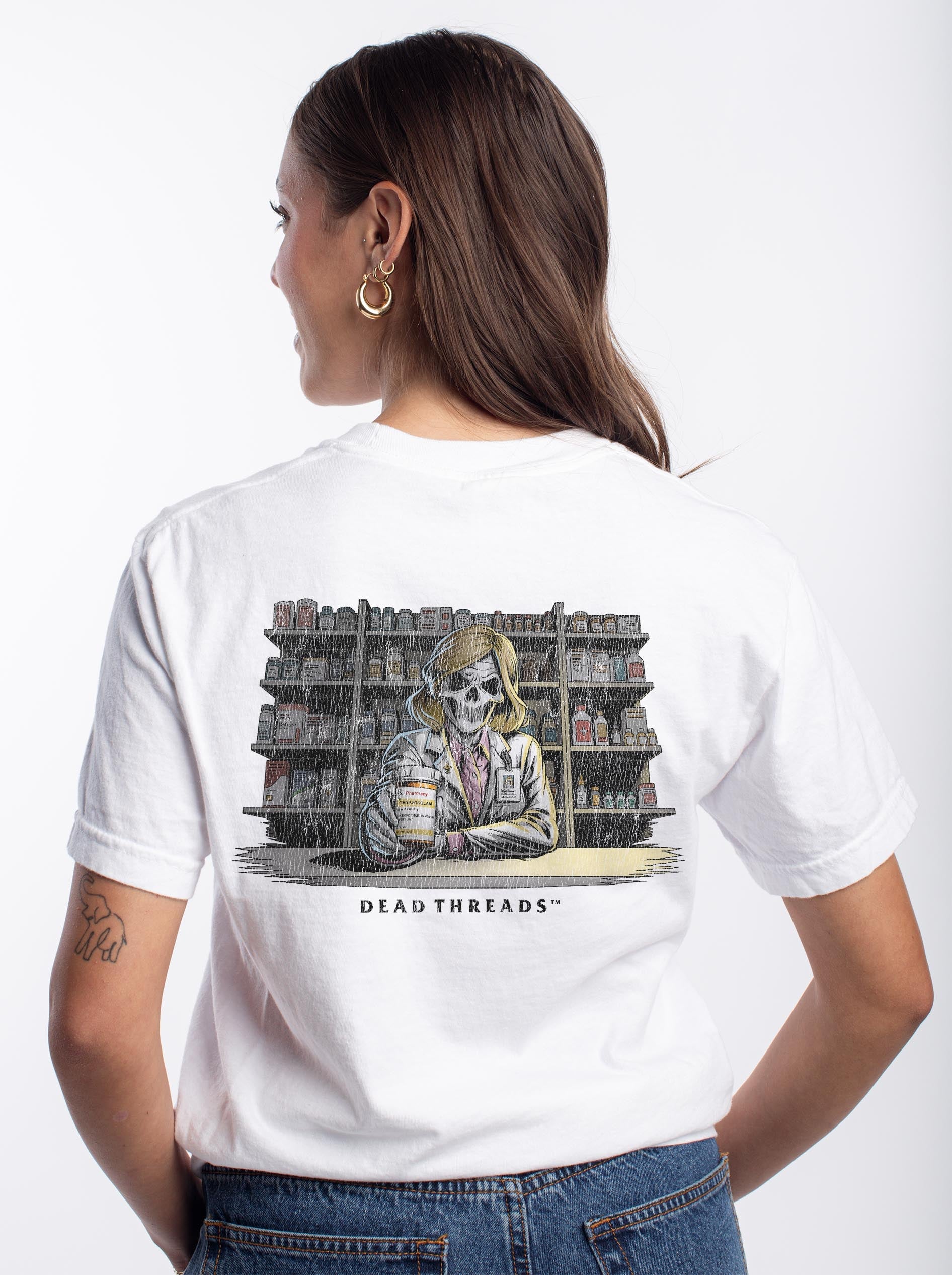 CRYPTS & SCRIPTS (PHARMACIST, FEMALE) - “DT ESSENTIAL" PREMIUM T-SHIRT – T-Shirt – Dead Threads Apparel
