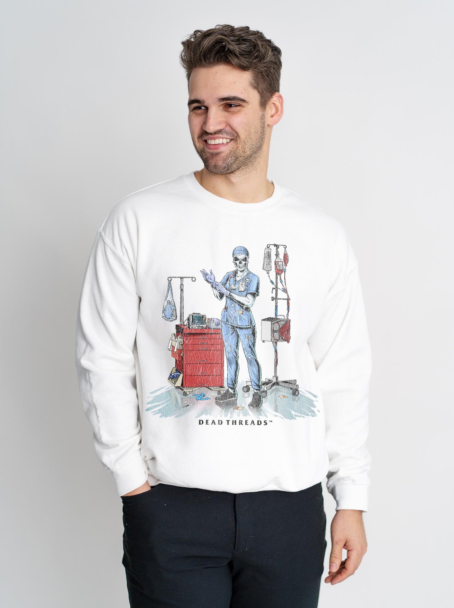 DEADSIDE NURSE (FEMALE) - BLUE SCRUBS CREWNECK SWEATSHIRT – Sweatshirt – Dead Threads Apparel