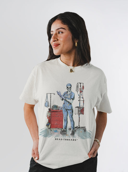 DEADSIDE NURSE (FEMALE) - BLUE SCRUBS – T-Shirt – Dead Threads Apparel