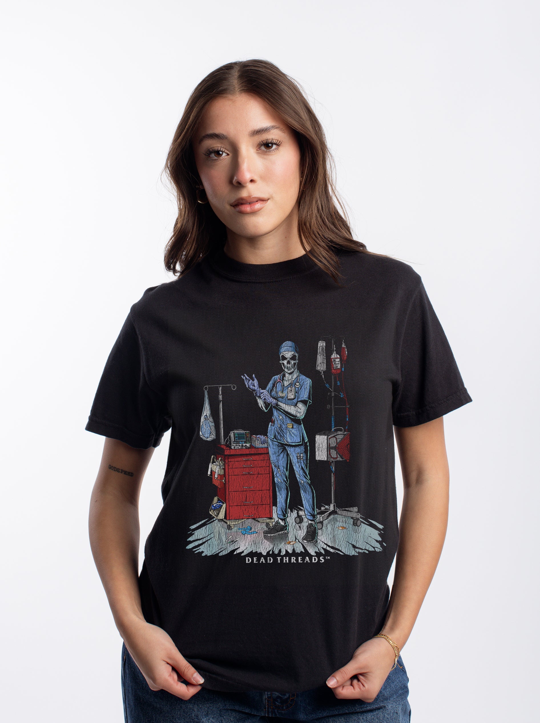DEADSIDE NURSE (FEMALE) - BLUE SCRUBS – T-Shirt – Dead Threads Apparel