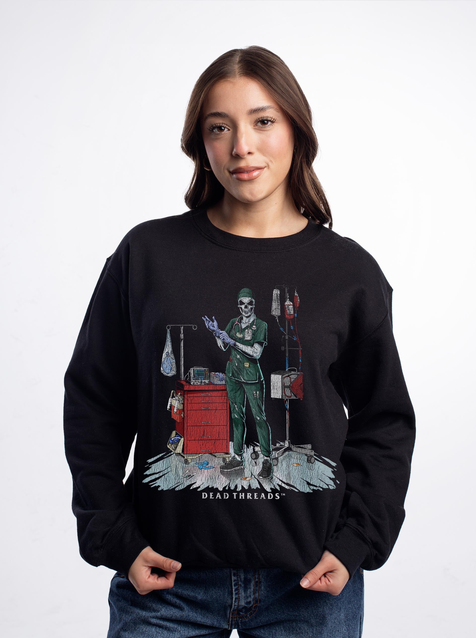 DEADSIDE NURSE (FEMALE) - GREEN SCRUBS CREWNECK SWEATSHIRT – Sweatshirt – Dead Threads Apparel