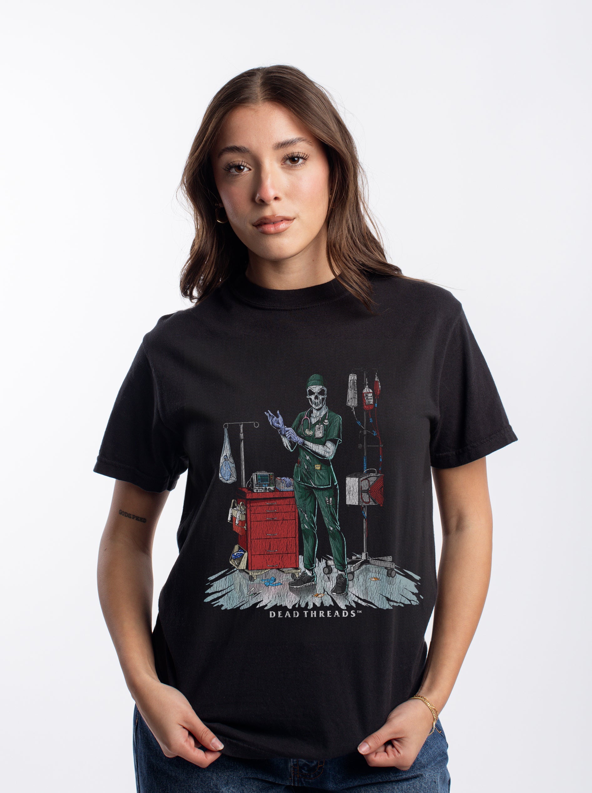 DEADSIDE NURSE (FEMALE) - GREEN SCRUBS – T-Shirt – Dead Threads Apparel