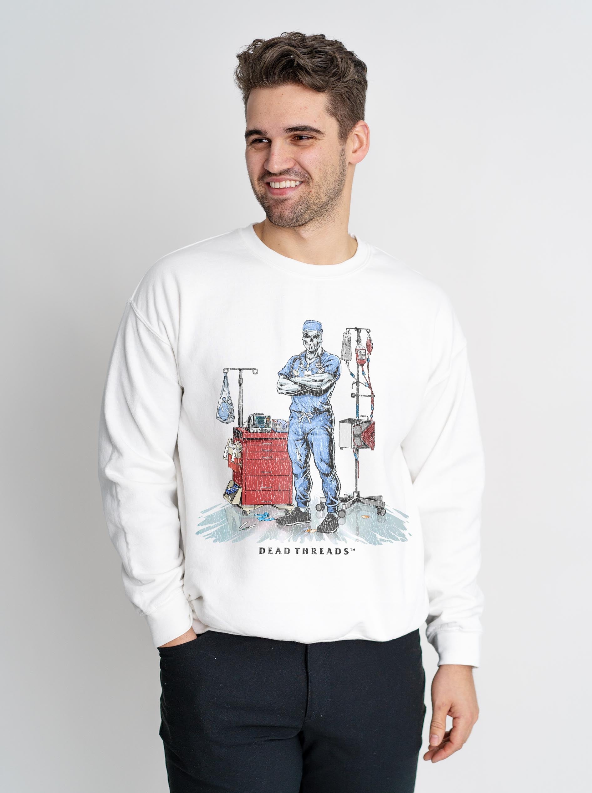 DEADSIDE NURSE (MALE) - BLUE SCRUBS CREWNECK SWEATSHIRT – Sweatshirt – Dead Threads Apparel