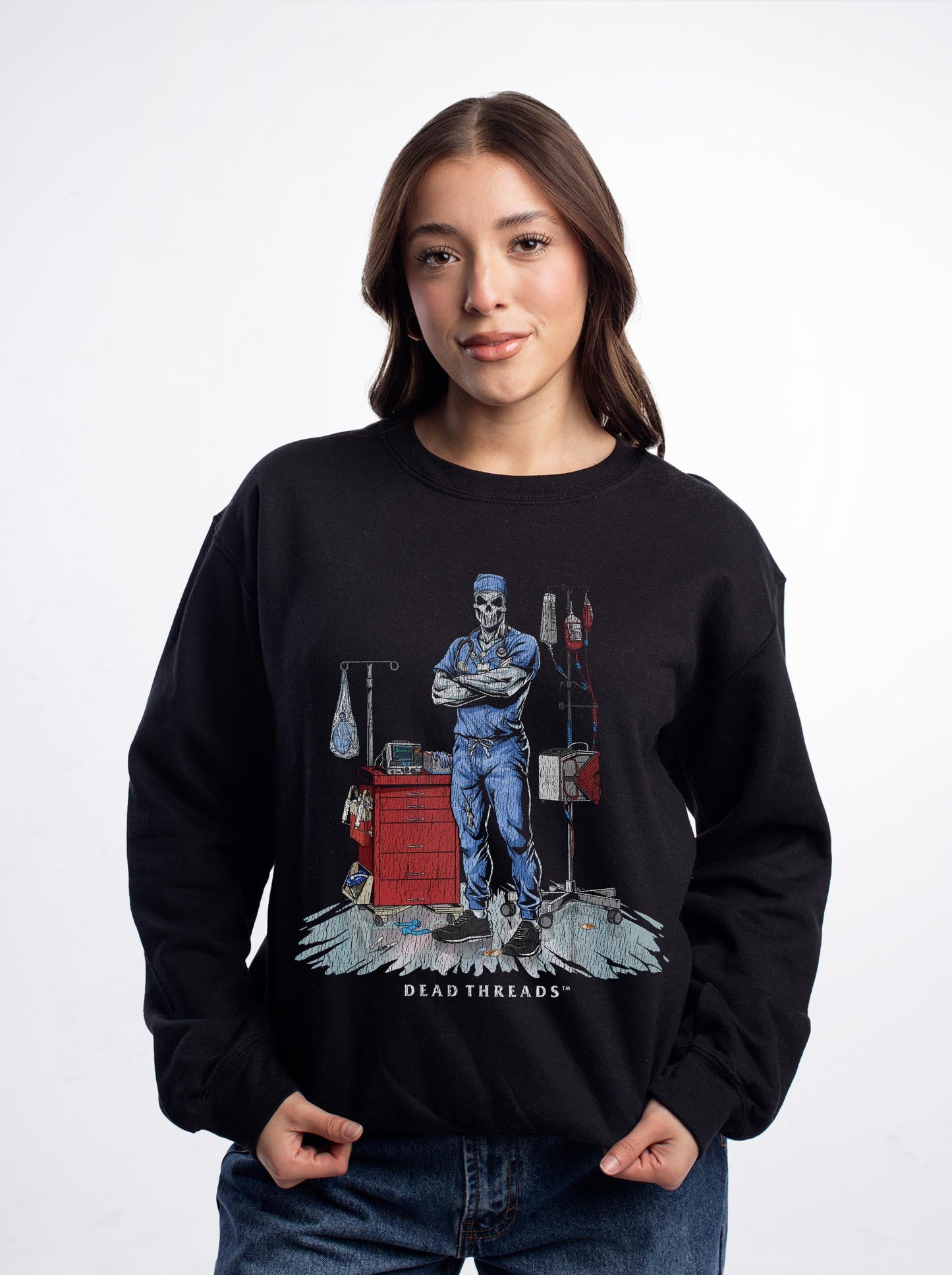 DEADSIDE NURSE (MALE) - BLUE SCRUBS CREWNECK SWEATSHIRT – Sweatshirt – Dead Threads Apparel