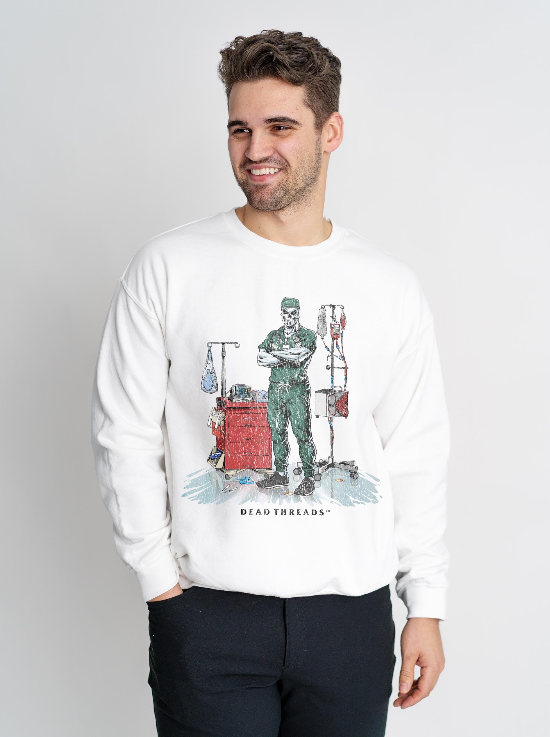 DEADSIDE NURSE (MALE) - GREEN SCRUBS CREWNECK SWEATSHIRT – Sweatshirt – Dead Threads Apparel