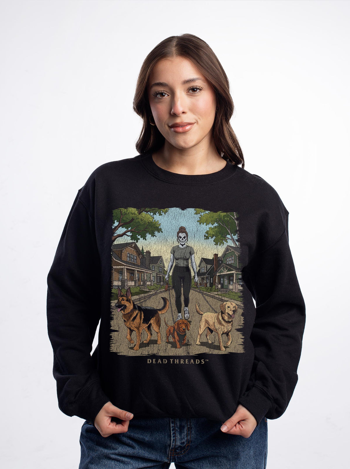 DOG WALKER (FEMALE) - CREWNECK SWEATSHIRT – Sweatshirt – Dead Threads Apparel