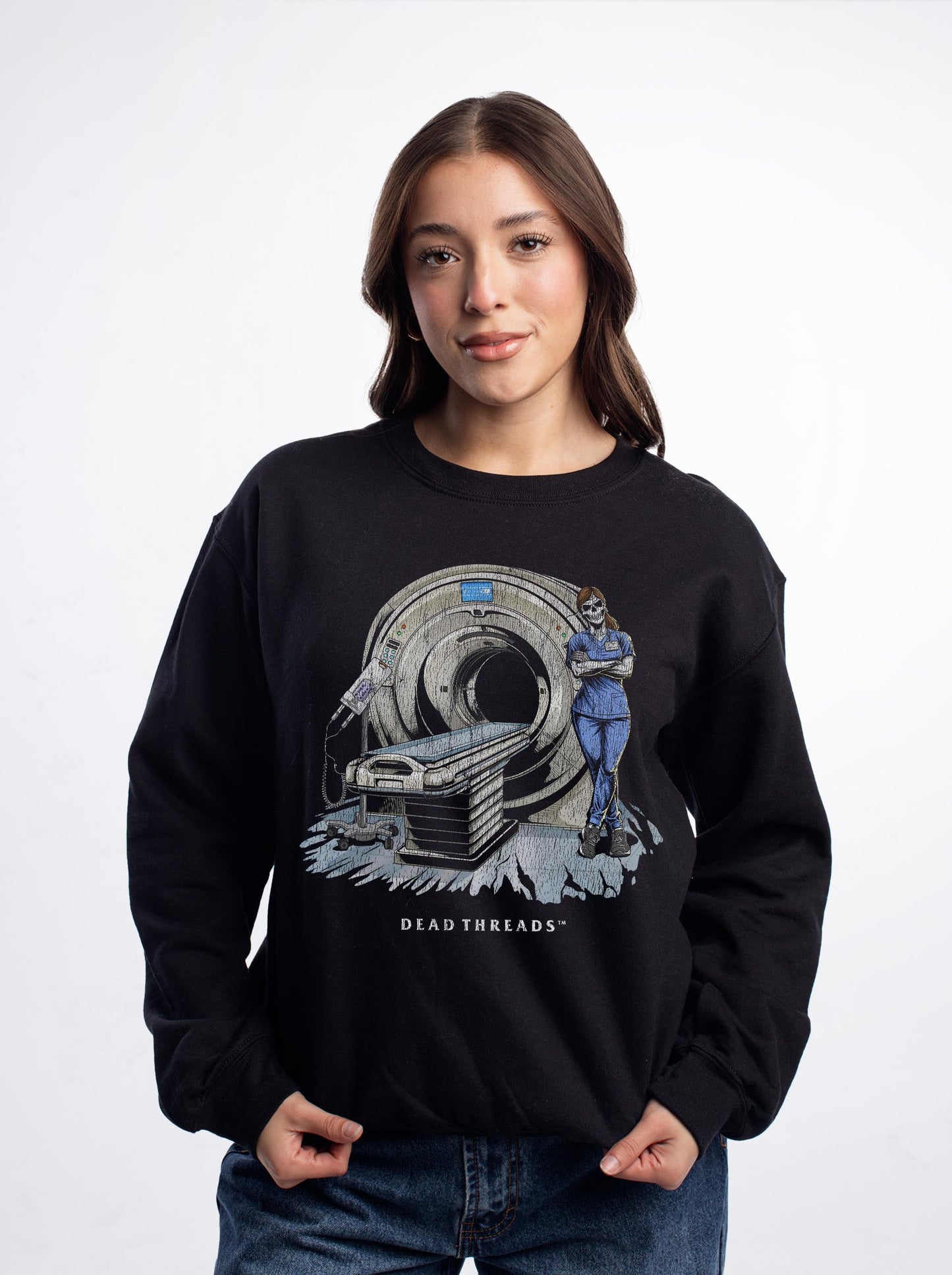 RADIATION REAPER (CT, FEMALE) CREWNECK SWEATSHIRT – Sweatshirt – Dead Threads Apparel